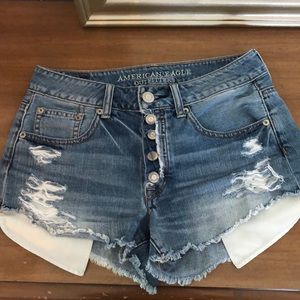 Distressed jean farmer shorts